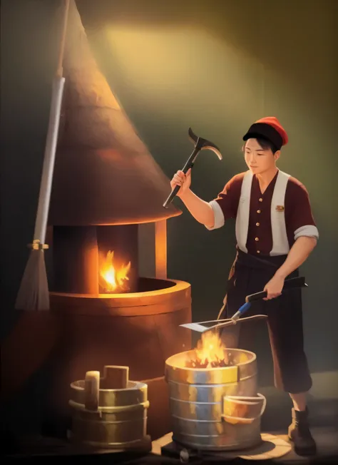 painting of a man in a red hat is holding a hammer, female blacksmith, blacksmith, the blacksmith, smelters, the god of the forge, blacksmiths outfit, working in the forge, inspired by Dong Yuan, female dwarven blacksmith, inspired by Li Rongjin, forge, pa...