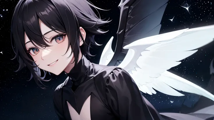 boy humanoid shape, totally dark with only white eyes and smile, wings, one of them black as the night, the other white and clear like an angel, demon tail, smiling, flying over the starry sky