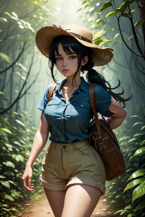 Painting of a sexually aroused, gorgeous woman with black hair tied in a loose ponytail wearing an explorer hat, a buttoned-up blue shirt with short sleeves, beige shorts with pockets and brown traveling boots. She walks in a thick jungle pushing away the ...