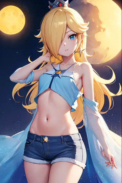 rosalina, rosalina, blonde hair, blue eyes, hair over one eye, long hair,small breasts, micro shorts, white shorts, lower part o...