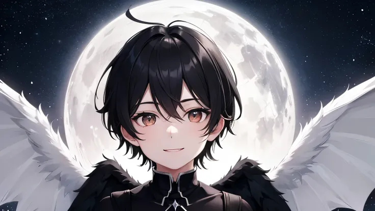 shape of a boy, totally dark, just the white eyes and smile, wings, one of them black as the night, the other white and clear like an angel, demon tail, smiling, flying over the starry sky