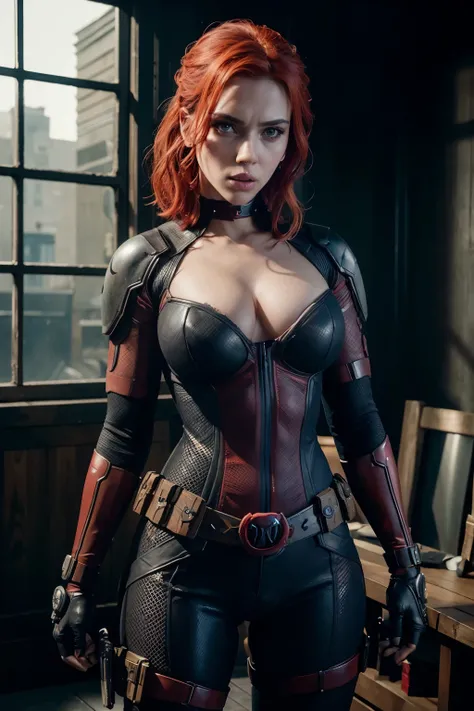 Scarlett Johansson as Deadpool, in sexy Deadpool armor, armed with Katana blades, (dynamic pose), (hyper realistic:1.4), (realistic:1.3), (best quality real texture skin), full body, (Cinematic Light), highly detailed skin, skin pores, (highly detailed fac...