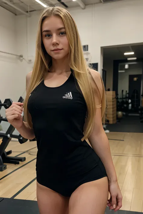 a young blonde girl with long hairs training in the gym