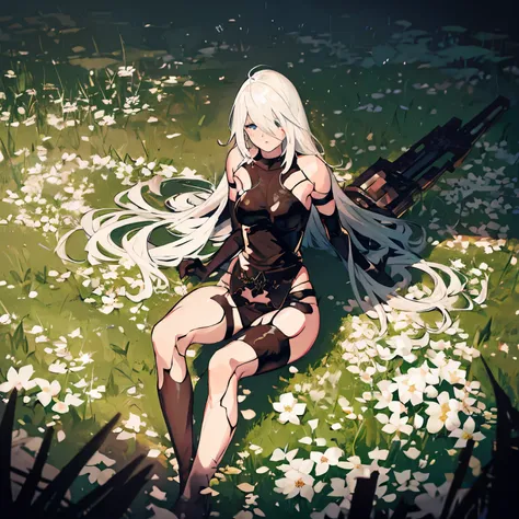 nier 2b wiht a2, lying in a field of flowers