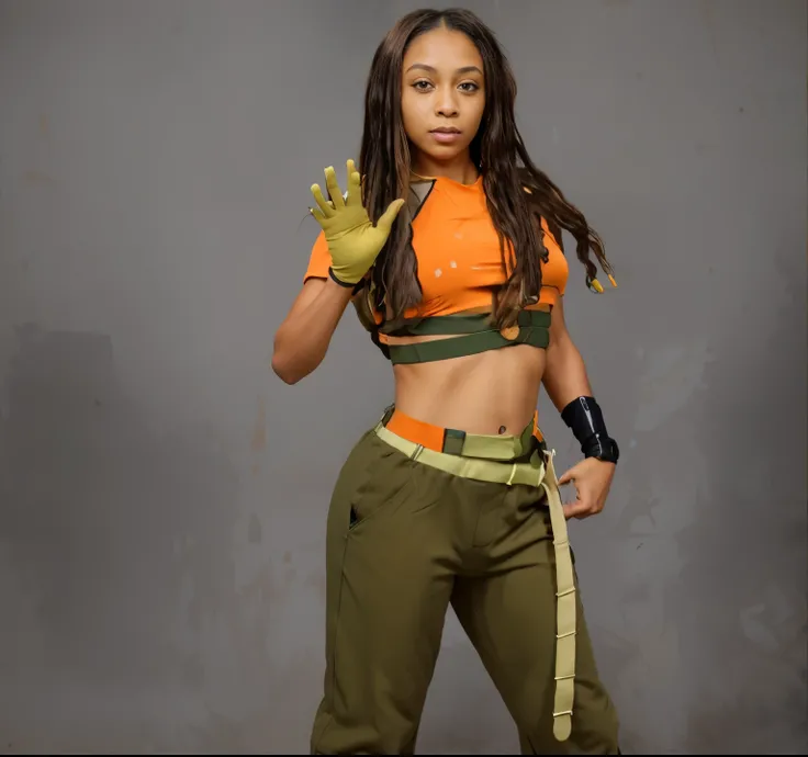 ((masterpiece, best quality)), a light skin black woman with brown long dreadlocks in a tan glove orange wrestling top orang left arm sleeve and green baggy pants with a tan belt and black wrist band, realistic face, realistic body, photo realistic, intri...