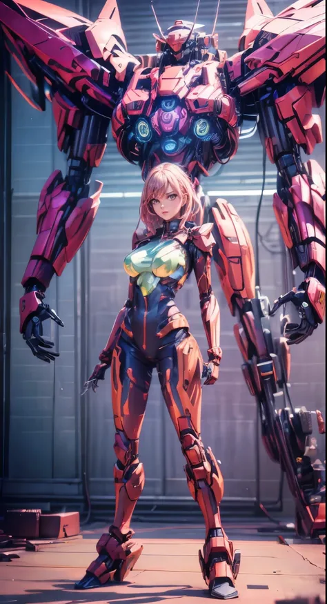 Woman 25 year old,red suit,mecha behind,mecha-inspired scenery,glowing mechanical components,dynamic pose,strong and confident expression,sci-fi vibe,detailed futuristic environment,abundant metallic textures,impressive light sources,professional artistic ...