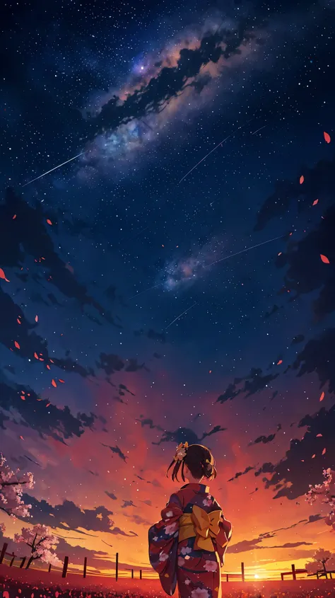 One, distant girl in kimono staring at the stars (reduced: 1.1), (meteor shower: 1.2), (comet: 1.1), your name, low angle, from behind, arrow labrealis shooting star, yukata, red kimono, cherry blossoms, highest quality standing in the field, masterpiece, ...