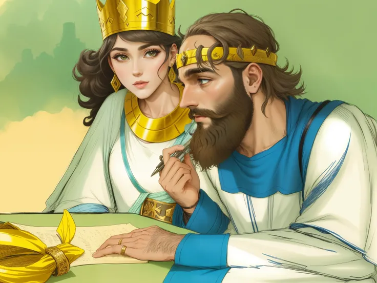 theres a man with a beard. Next to the man is a woman with a crown on her head.. Biblical setting. biblical costumes. biblical style. comic book style. estilo anime.