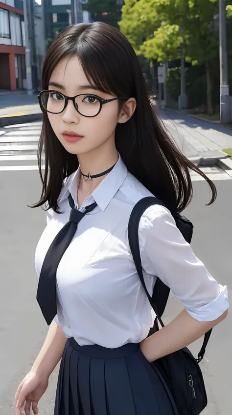 ultra-detailed, (paisura:1.4), 1girl, glasses, big breasts, necktie, sexy skirt, bag, sexy school uniform, black hair, outdoors,...