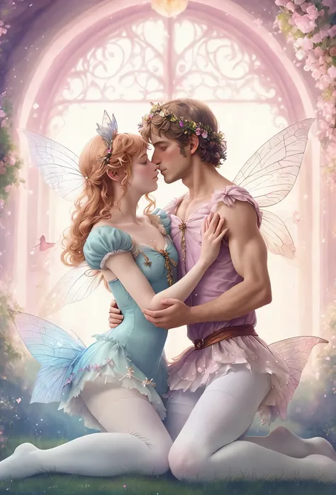 a man and woman dressed in fairy costumes and white tights are kissing each other, beautiful fairies, romance fantasy movie, fan...