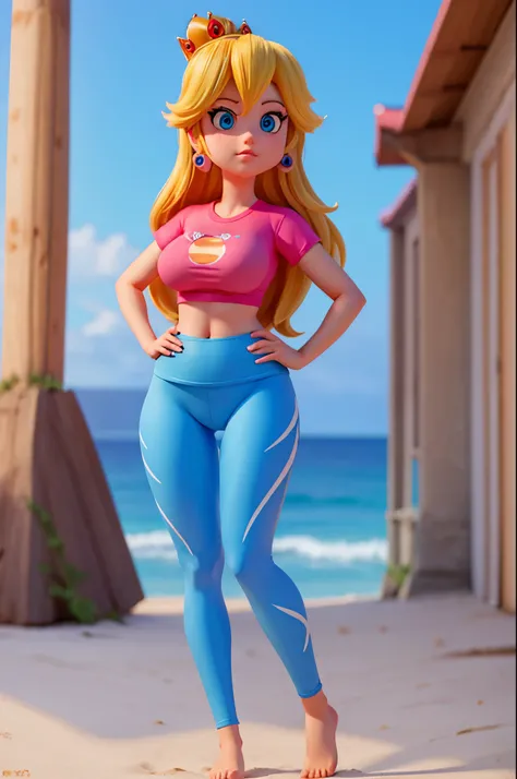 princess peach,yoga pants,t-shirt,beach,realistic textures,standing,thin hips, thick thighs,blue eyes,seductive eyes
