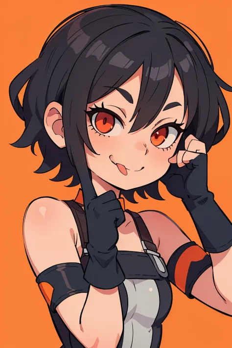 ((Best quality, Masterpiece)), 
1girl, bangs, bare shoulders, black gloves, choker, fingerless gloves, gloves, dark grey hair, hair over one eye, licking lips, looking at viewer, orange background, portrait, red eyes, short hair, smile, solo, tongue, tongu...