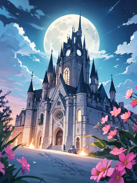 a wallpaper of Castles with Flowers, delicate scene, sky, White clouds, and sunlight shine on the snow-white beach. Birds, Pink flowers and bright large shells, diamond crystal, On the beach, fantasy, Night sky, Moon, Smoke, Fire, Photo, HD, 8K, hyper HD, ...