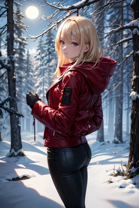 Woman with full blond hair stands in the snowy forest, her back facing the viewer. She wears a red leather jacket with a hood, concealing her head. The jacket is zipped up to her neck, protecting her from the cold night. Below the jacket, she dons black pa...