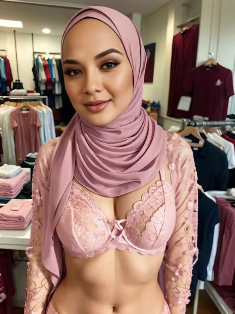 ((Pinky Lips)) A very sexy facial reaction "Naked Lace Bra" ((Hijab)), (Malaysia female), age 33 years old, 8K, photottorialism, ((Flat Chest)), ((PANTY)) Street Village, Straddling , Owner of womens underwear store 