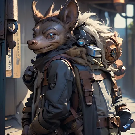 (((Kobold)), (detailed kobold)) wearing leather coat, muscular toned, squirrel ears, kobold tail, messy hair, front view, working on a rifle, blush, androgynous , perspective, finely detailed paws, adventure backpack, vials, blue 