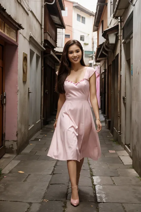 full body, mix of heart evangelista and kristine hermosa actress brown long straight hair, wearing long pink Sunday dress, walking in the big alleyway, smiling shyly