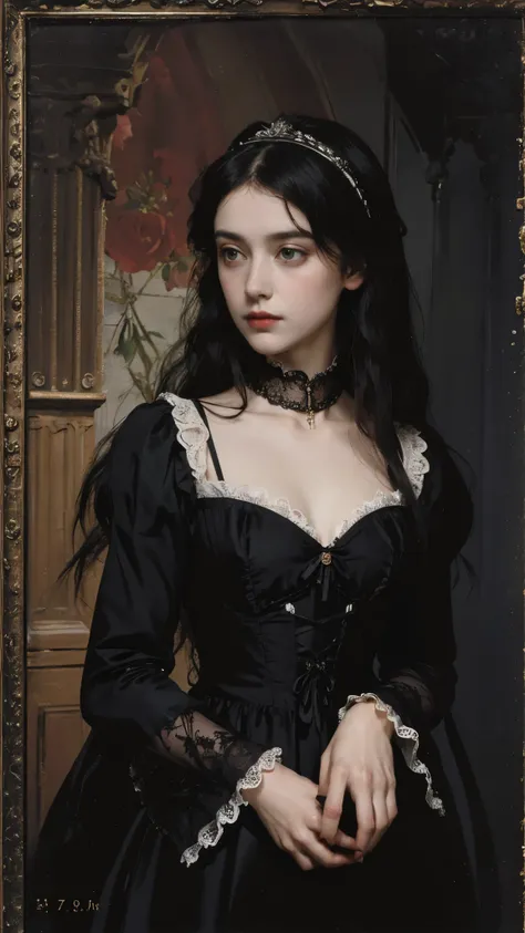 Pre-Raphaelites, black dress, death, rose in hands, gothic atmosphere, dark, gloomy, old england background, oil painting, victorian era, multi-layered ruffles，lace，delicate embroidery，long hair, dark eyes, diadem