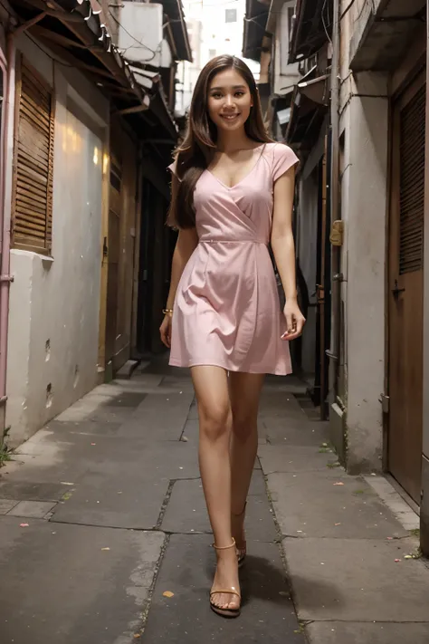 full body, mix of heart evangelista and kristine hermosa actress brown long straight hair, wearing long pink Sunday dress, brown sandals, walking in the big alleyway, smiling shyly