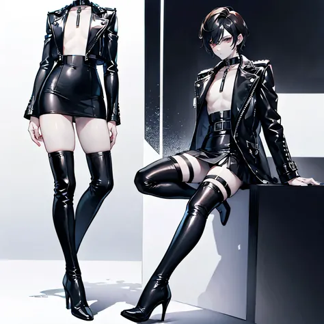 Boy, effeminate, tall, dark hair, pixie cut, pale skin, thick thighs, small waist, thigh highs, leather jacket,mini skirt, thigh high boots with heels, full body image ((best quality)), ((masterpiece)), ((detailed)) flat chest, no 