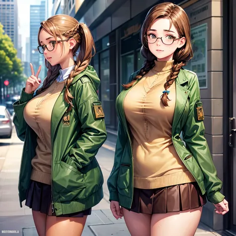 1girl, detailed face, detailed eyes, brown hair, twin braids, brown eyes, glasses, (freckles;1.5), huge breasts, huge ass, green jacket, miniskirt, outdoors, city