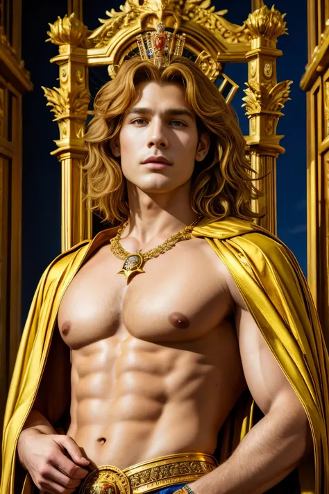 (photorealistic, masterpiece, detailed face, best quality, highres, 4k), Fantasy art style, imagine the astrological sign of Leo the majestic lion embodied by a regal male model radiating confidence and power. He stands atop a grand throne, with resplenden...