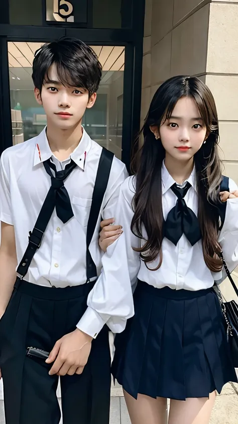 Boy and girl and both are in college and both have uniforms and both have bags around their necks