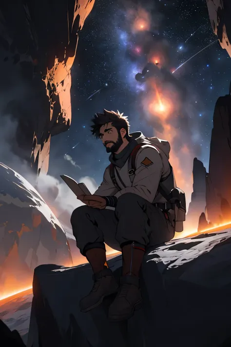 Desenhe um jovem programador, sitting on a research platform floating in the middle of an asteroid belt. He is studying with a notebook, surrounded by several asteroids glowing with fiery auras. Dramatic lighting from distant stars and planets illuminates ...