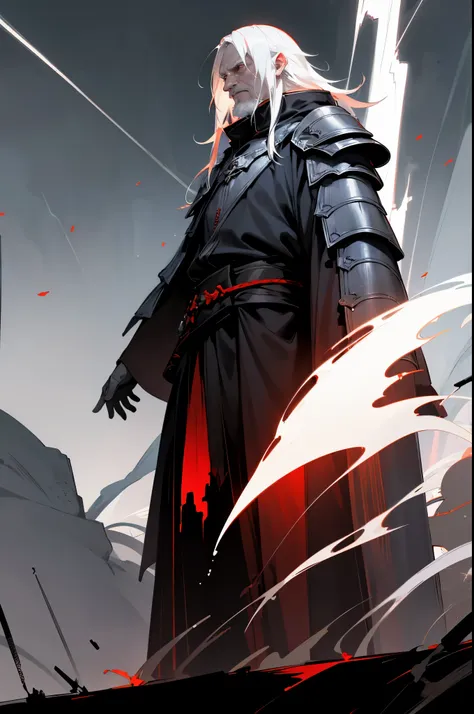 1male, white hair, messy medium length hair, ((old man)), pale skin, wrinkled skin, red eyes, sith clothing, dark clothing, armo...