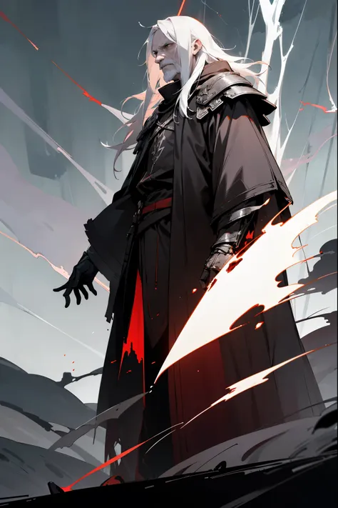 1male, white hair, messy medium length hair, ((old man)), pale skin, wrinkled skin, red eyes, sith clothing, dark clothing, armored clothing, dark cloak, battle background, warring background, walking on path, (((lightning aura)))