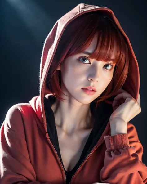 (high quality, 4k, 8k, High resolution, masterpiece:1.2), beautiful japanese girl, perfect human anatomy, perfect hands, complex red hair, red hair, short cut hair, bob hair, asymmetrical bangs, big magical eyes, detailed beautiful eyes, thin eyebrows, smo...