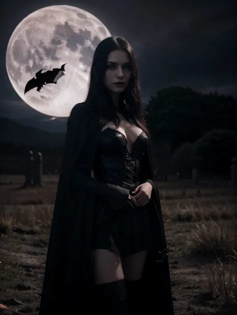 An ultra hot gorgeous European woman. age 23. She’s a vampire with sharp fangs, piercing red eyes, and pale skin,blood dripping from the vampires mouth,tall and slender figure, wearing a black cloak,standing under a full moon,having a mysterious and intimi...