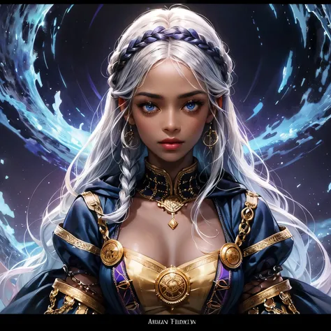 Create a face card portrait for a character description, an adult female of African heritage character with braided grey hair with magic beads, dark skin, African, African skin, glowing blue eyes, dark skin, black character, she is wearing a red, purple an...