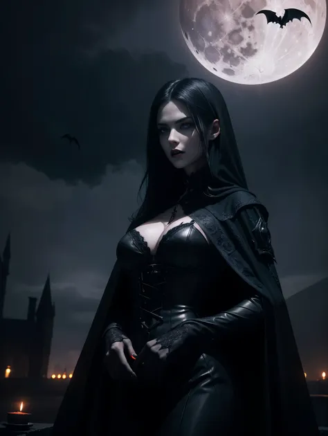 An ultra hot gorgeous European woman. age 23. She’s a vampire with sharp fangs, piercing red eyes, and pale skin,blood dripping from the vampires mouth,tall and slender figure, wearing a black cloak,standing under a full moon,having a mysterious and intimi...