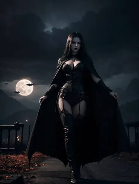 An ultra hot gorgeous European woman. age 23. She’s a vampire with sharp fangs, piercing red eyes, and pale skin,blood dripping from the vampires mouth,tall and slender figure, wearing a black cloak,standing under a full moon,having a mysterious and intimi...