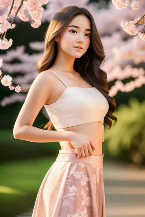 In the tranquil scene, a beautiful young woman is captured in a full-body image, showcasing her slender figure in a western crop top skirt. The superior quality of the image is evident in the super realistic depiction of her face, with visible eyes peeking...