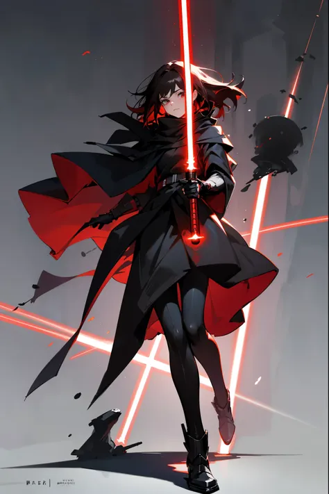 1female, messy dark hair, sith clothing, dark star wars sith clothing, dark cloak, star wars background, walking on path, red li...