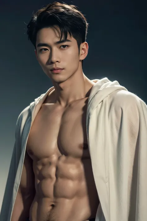 (8K, RAW photo, Highest quality), Realistic, 1 asian man, frontage, Intricate details, Closed mouth, Extremely detailed eyes and eyelasheuscular male, Manly,l ooks away, Male focus, Solo, Open the transparent robe，Exposing the pectoral muscles，Exposing abs...