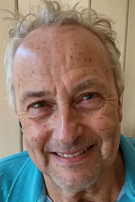 homem mais velho sorridente, com cabelos brancos e camisa azul, sentado em frente a uma parede, taken at the beginning of 2020, ele tem cerca de 8 0 anos, Ray Fawkes, very sorrindo levemente, sorrindo levemente, foto de um homem, Norma Rockwell, um homem d...