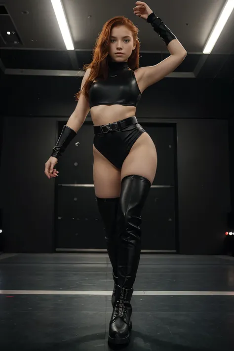 13 year old girl, dancer, red hair, freckled, wearing black leotards, silver belt, boots, in a futuristic dance studio, standing,  realistic, masterpiece 