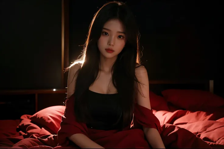 son na eun  ,Inside the bedroom ,Dark black backdrop,Beautiful red glow,