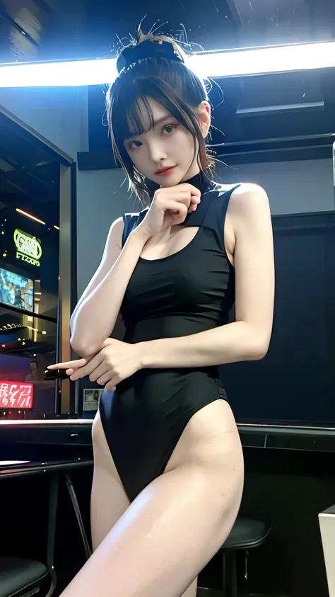 (highest quality)，masterpiece，Super detailed，8K, UHD，Beautiful woman，japanese woman，No expression，whole body，((tattoo))，slim，black slacks，white tank top，(female mafia)，gangster，(cyberpunk city)，night，cinematic lightening，underworld