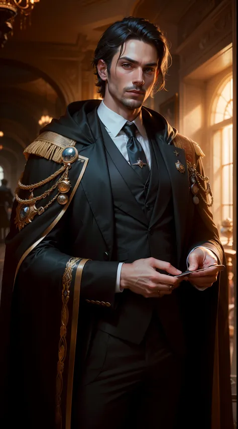 "((photorealism, high quality, detailing)), ((half of the body)) Strong (Sports) Human, male appearance, Majestic magician-alchemist,  dark hair, A European view, modernity, 21st century, Stylish black suit, long black cloak, magical atmosphere".