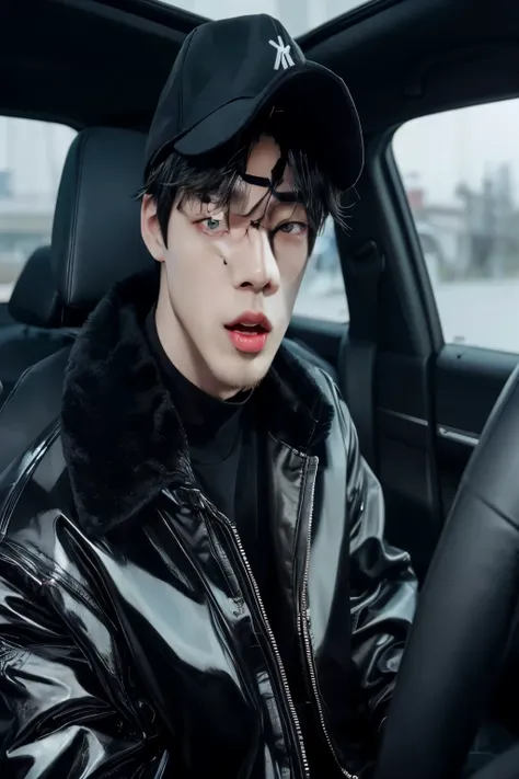 sharp man with black jacket and hat sitting in a car, seokjin, jinyoung shin, kim doyoung, hyung tae, ulzzang masculino, taejune...