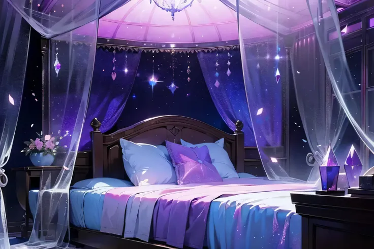 bedroom, grand lit, purple and colorful, Moody lighting, brouillard, brouillardgy, ethereal, Cristaux, glowing Cristaux, ombres profondes, Nuit, Lit moelleux, apothicaire, fleurs de cerisier, lit rond, quilted bed, quilted blanket, grands oreillers sur le ...