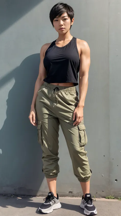 Full body portrait, from head to toe, tall background. A hugely muscular Japanese female bodybuilder stands confidently wearing loose t-shirt, long cargo pants, and shoes. She is standing in a gym. Her pixie cut hair, rough bareface, and masculine stance g...