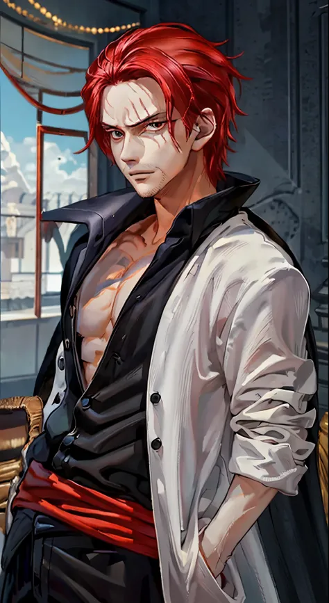 Boy, cool, glare, black eyeballs, fair skin, red hair, red hair colors, white oclothes colors, black clothes colors, elegant boy, cool boy, elegant pose, cool pose, realistic, in room pose, gaze looking at the camera