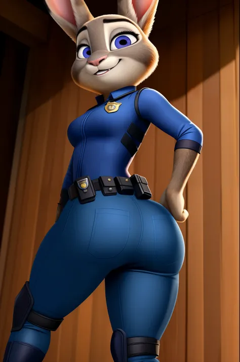 judy hopps,with his police uniform,thick thighs, thin hips, thick paws,zootopia 2,butt,realistic textures