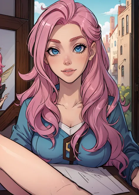 best quality, face portrait, masterpiece, seraphine, pink hair, blue eyes