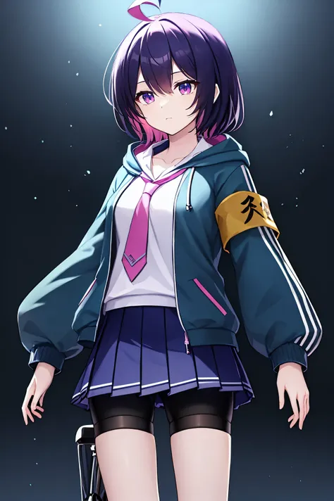 1girl, perfect face, seele vollerei, hdr, ahoge, medium_hair, purple_hair, colored inner pink_hair, purple_eyes, medium_breast, open_collar, white shirt, long shirt, collarbone, pink necktie, long tie, blue hooded_jacket, blue hooded sweater_jacket, oversi...